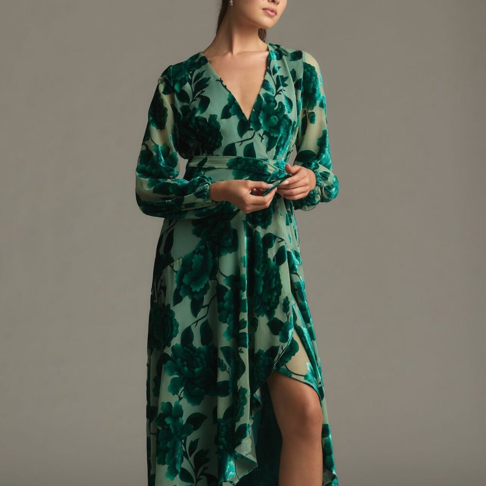 New Anthropologie Hutch Long-Sleeve V-Neck Wrap Midi Dress Velvet Green